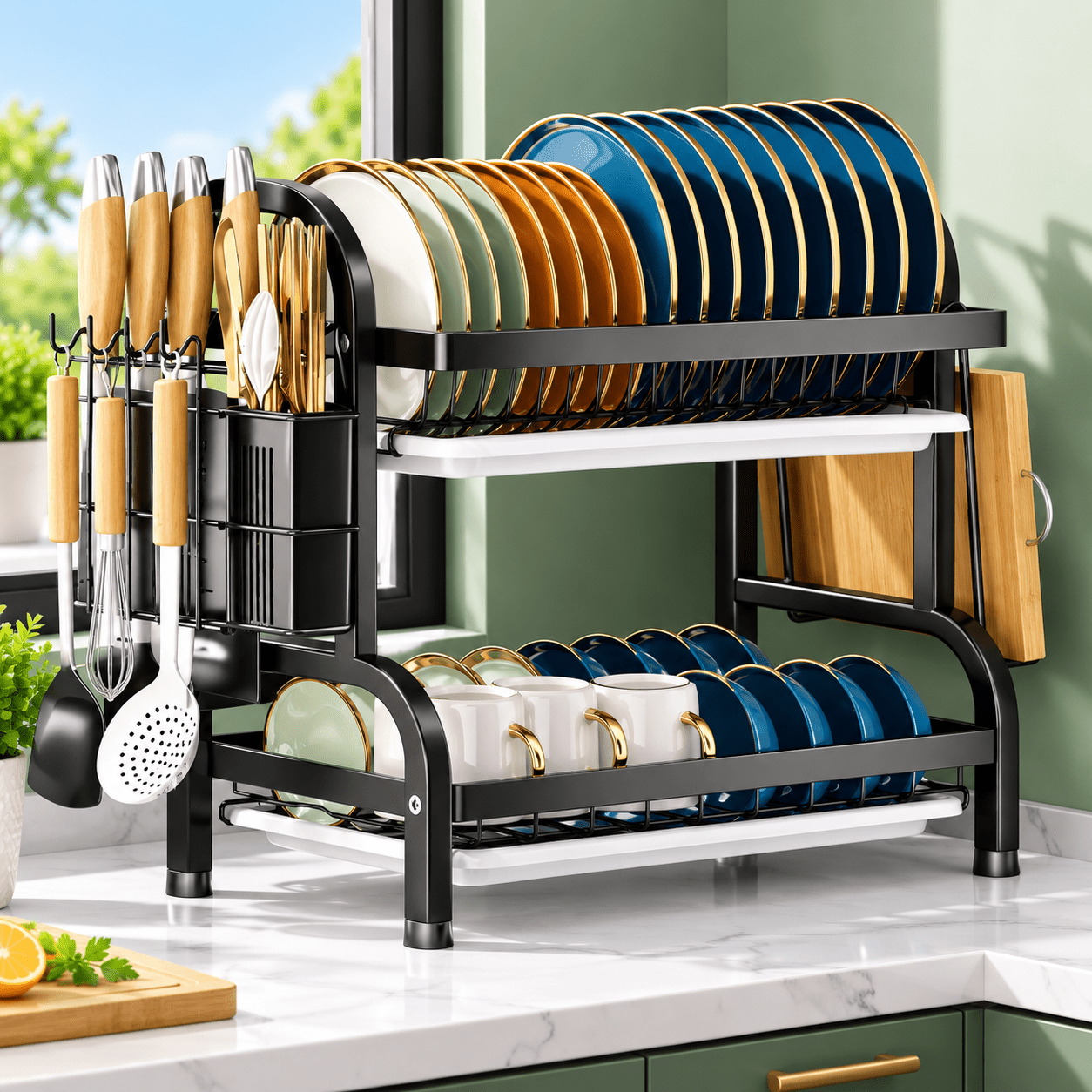 TEMU 2 Tier Dish Drying Rack With Drip Tray Large Capacity Kitchen Organiser For Plates Bowls & Utensils Space Saving Storage Solution Household
