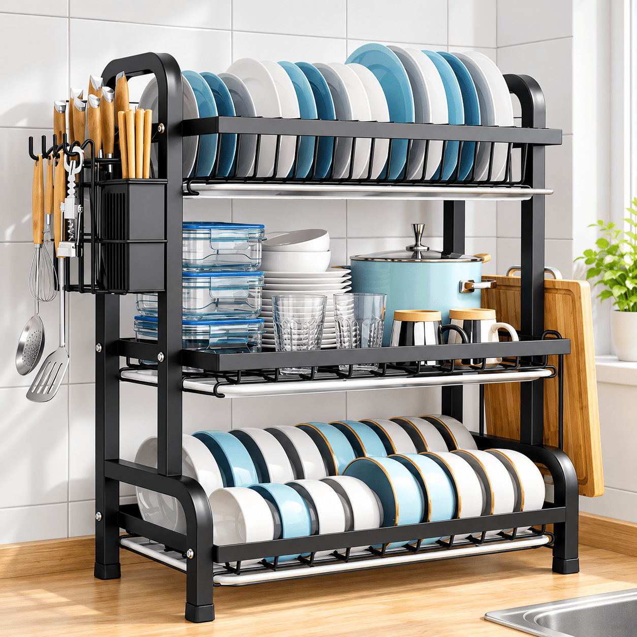 TEMU 3 Tier Dish Drying Rack With Drip Tray Large Capacity Kitchen Organiser For Plates Bowls & Utensils Space Saving Storage Solution Household