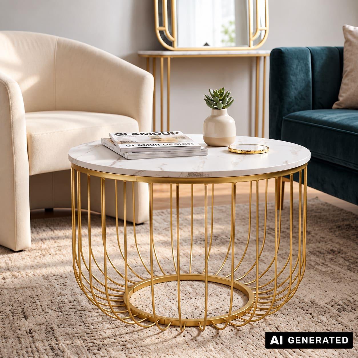 Image of Gold" Metal Side Table With Mdf Marble-look Tabletop, Ø 55 X 37 Cm, Round Sofa Table, Coffee Table