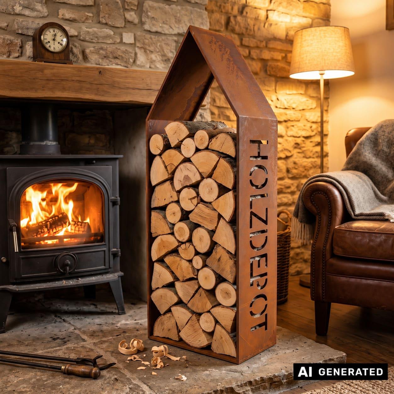 Image of Firewood Rack "wood Depot" In Metal With Rust Finish, Wood Storage, Firewood Shelf