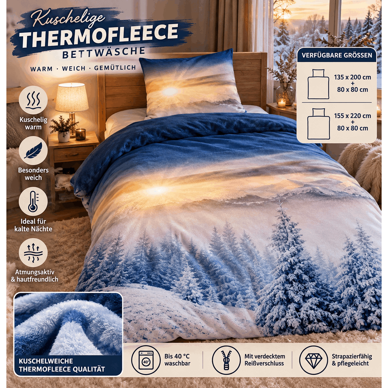 Image of Christmas Bedding Set Winter Thermal Fleece Snowy Landscape – Cozy Warm Fluffy Winter Bedding With Zipper, 135x200 & 155x220 Cm, Pillow 80x80 Cm