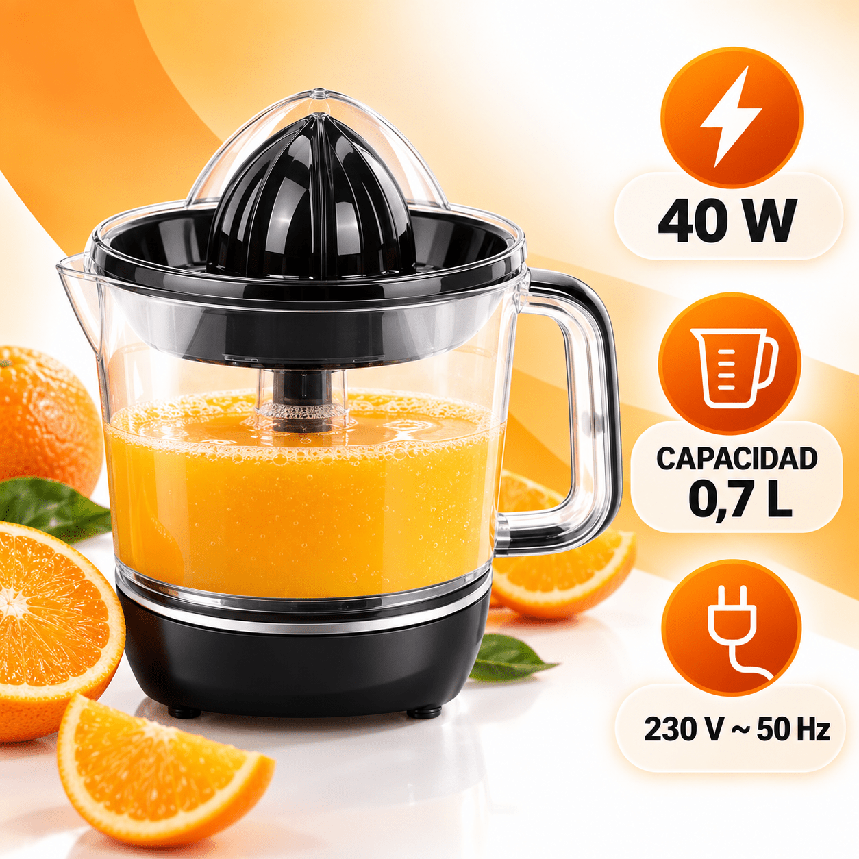 TEMU Exprimidor de Naranjas Electrico, 700 ml, 2 Conos Desmontablesy Cubierta Antipolvo, Boquilla Antigoteo, para Lavavajillas