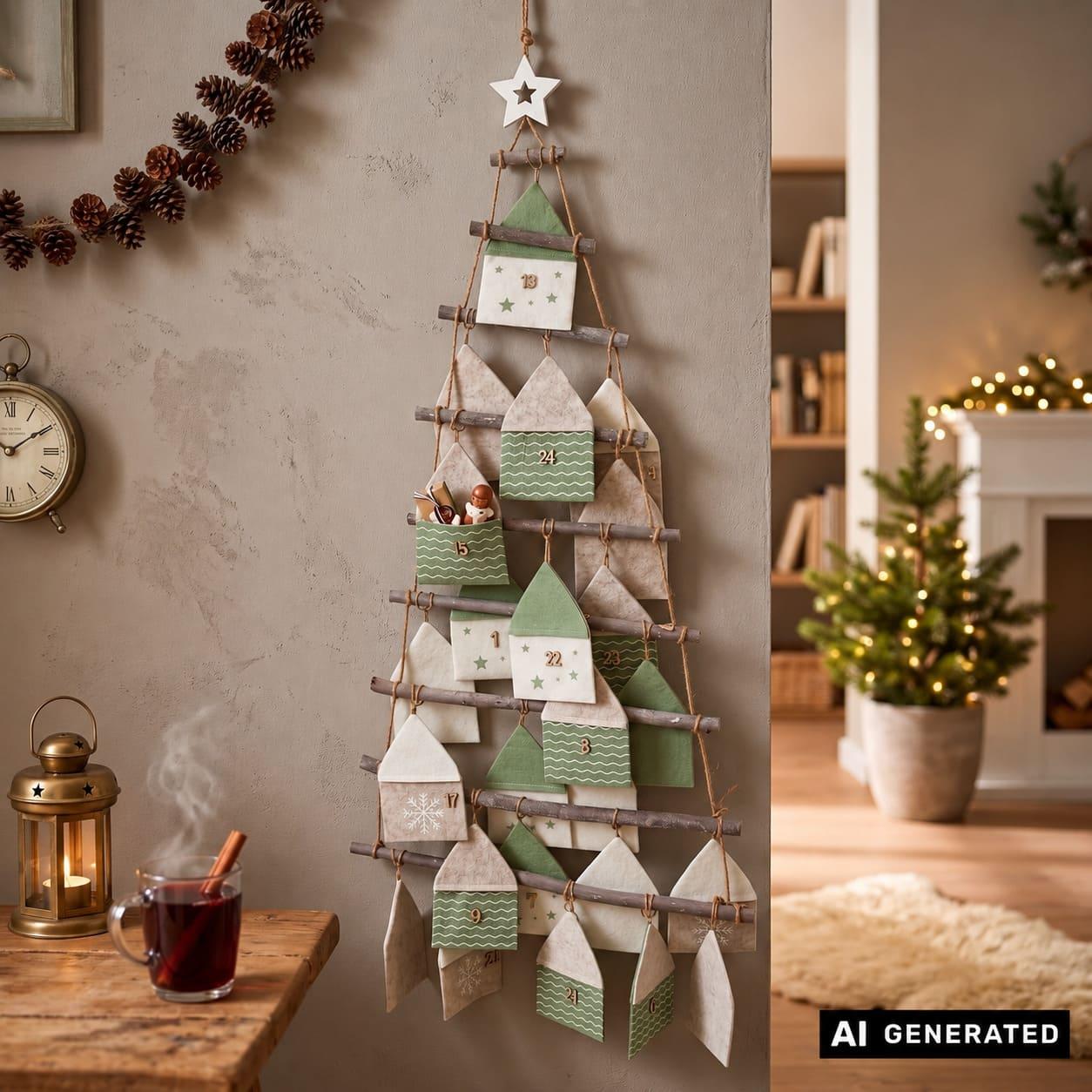 Image of Fillable Advent Calendar "pyramid" Made Of Wood & Jute, 24 Felt Houses, Christmas Calendar For Women, Men & Children