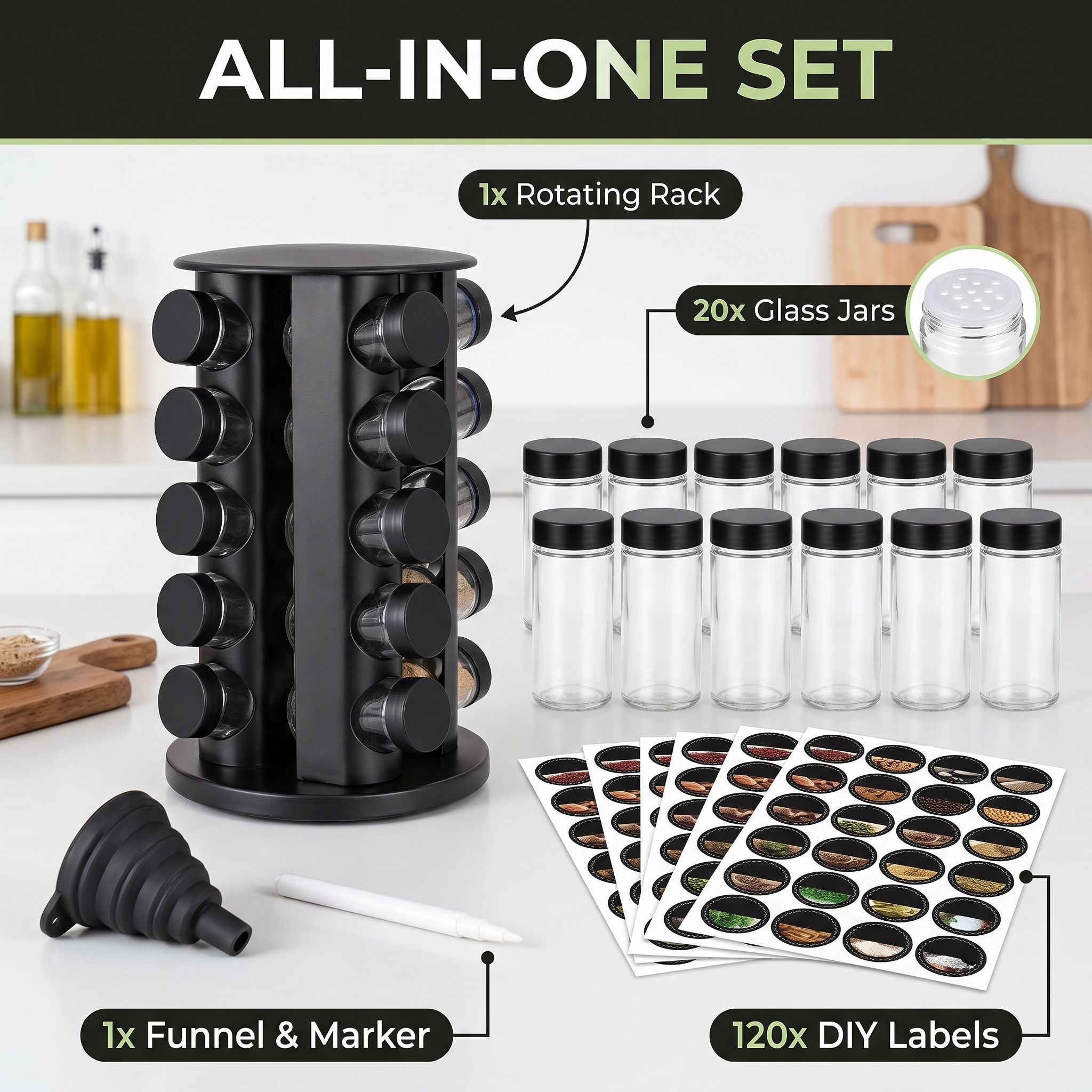TEMU Étagère à épices rotative à 360° avec 20 pots en verre, organisateur d'épices pour plan de travail de cuisine, ensemble avec 120 étiquettes