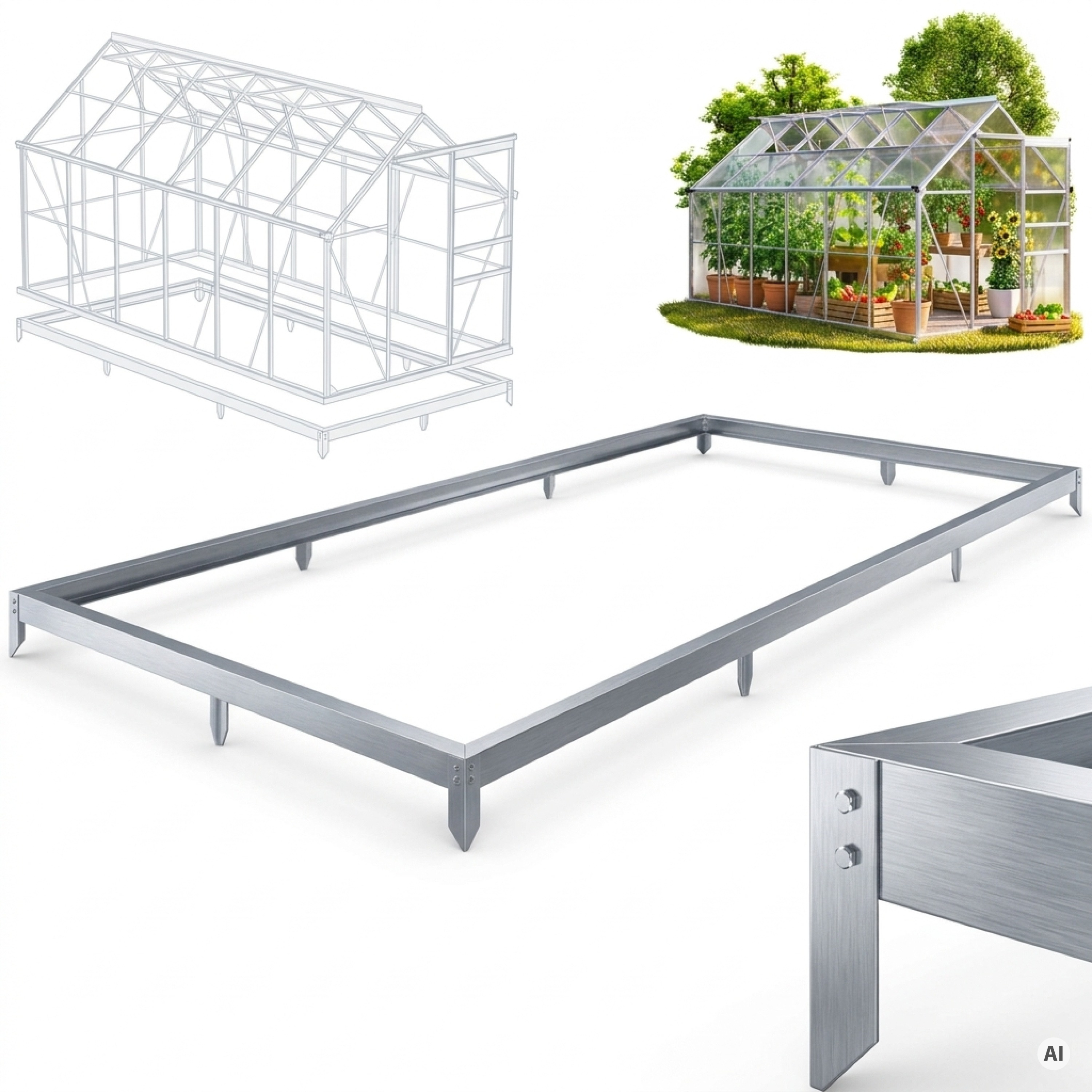 Image of Greenhouse Foundation 380x190cm Galvanized , Greenhouse Frame With Mounting Hardware And Ground Anchors