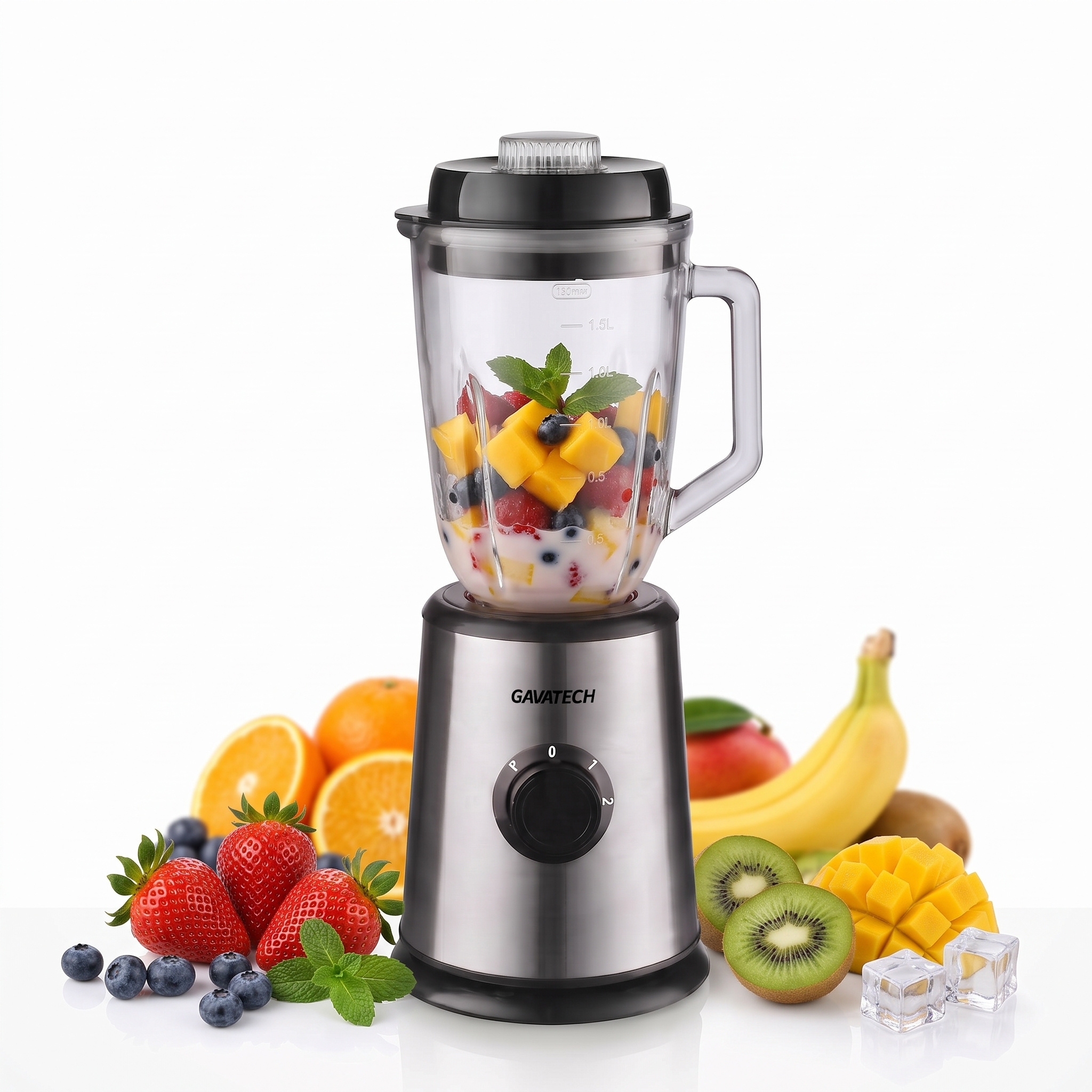 TEMU Batidora de Vaso MR-1000 | 1000W de Potencia | Jarra de Cristal de 1.5L | Cuchillas de Acero Inoxidable de 4 Puntos | 2 Velocidades +