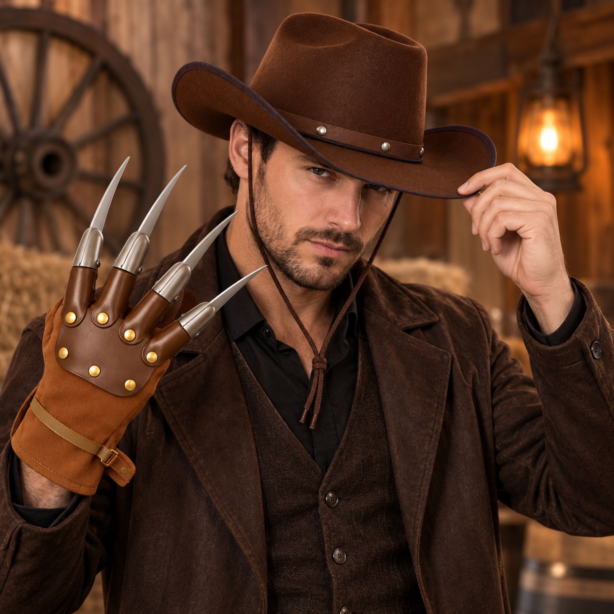 2Pcs Unisex Adult Western Costume Set, Cowboy Hat & Claw Glove