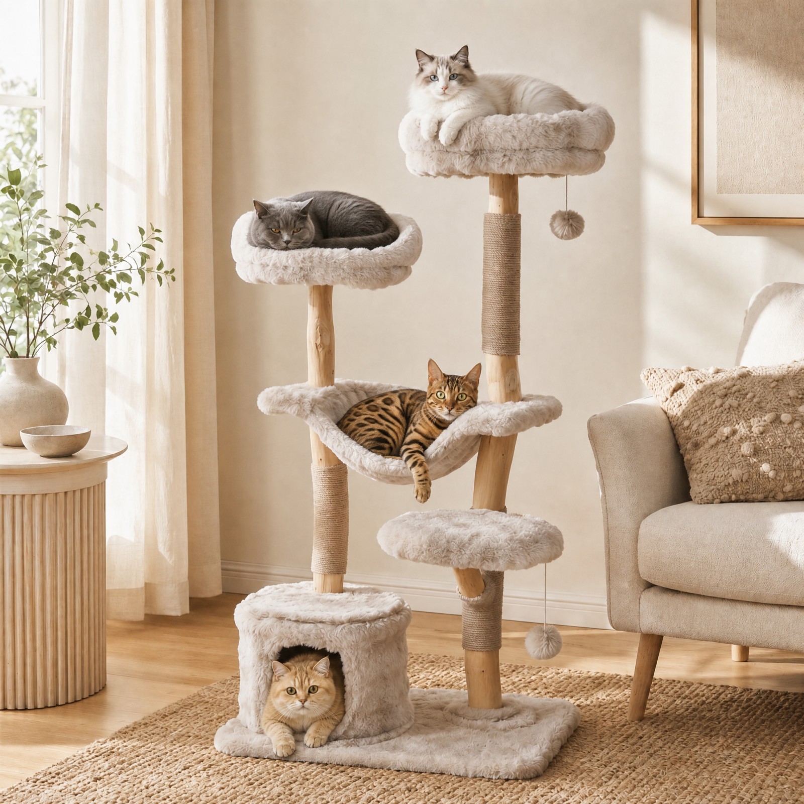 Image of Cat Tree, 147 Cm Cat Tree With Cave, Hammock & 3 Platforms, Solid Wood & Plush Cat Tree With Scratching Posts, Multi-level Cat Tower With 2 Plush Balls For Cats
