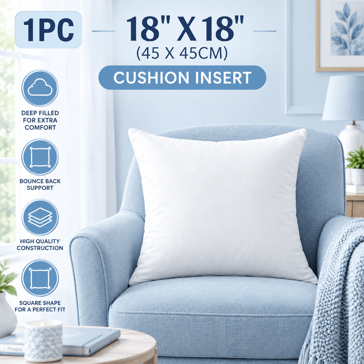 TEMU 1pc Hotel Quality Cushion Insert – Ultra Soft Filled Cushion Pad, Durable & Lightweight, Machine Washable, 18x18 Inch Cushion For Sofa, Bedroom,