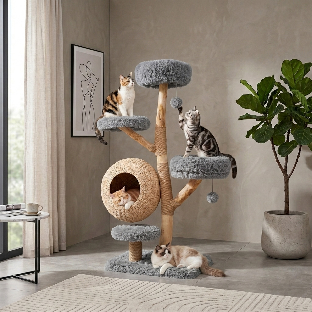 Image of 5-tier Cat Tree, 134 Cm Wooden Cat Tower With Woven Cat Condo, Plush Perches, Natural Jute Scratching Posts & Hanging Balls, Multi-level Platforms, Modern Cat Tree For Indoor Kittens