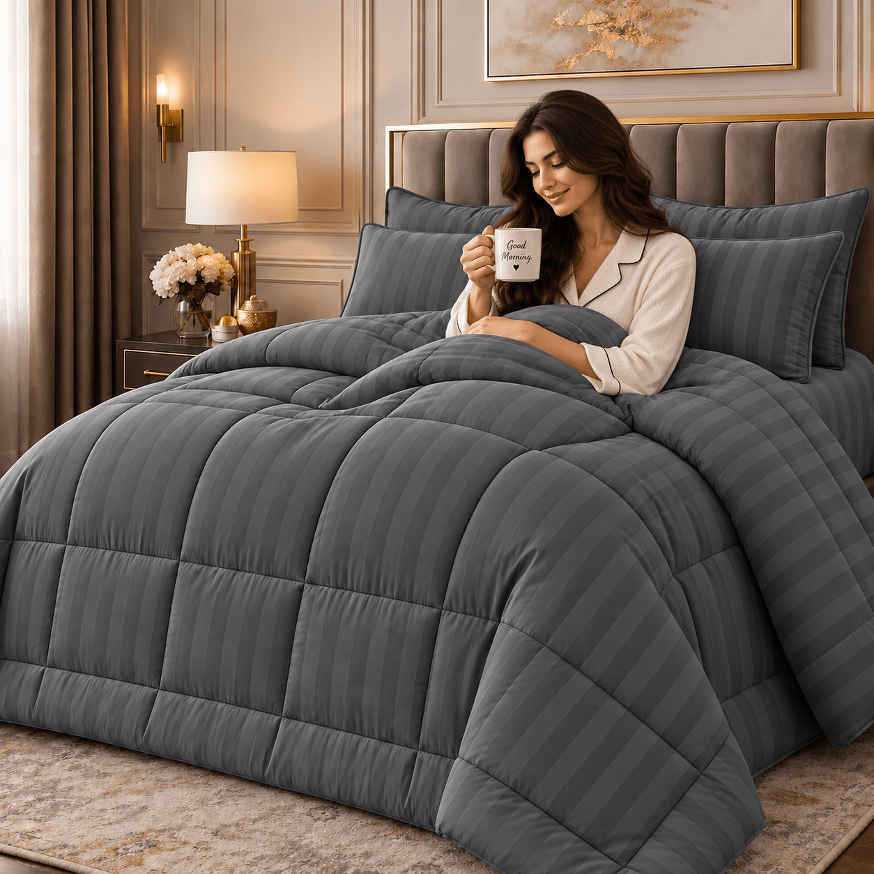 TEMU 1pc Duvet Quilt Grey Striped, Box Quilted Comforter With Elegant , Breathable Bed Cover, & Machine Washable, Single To Super King, All Togs