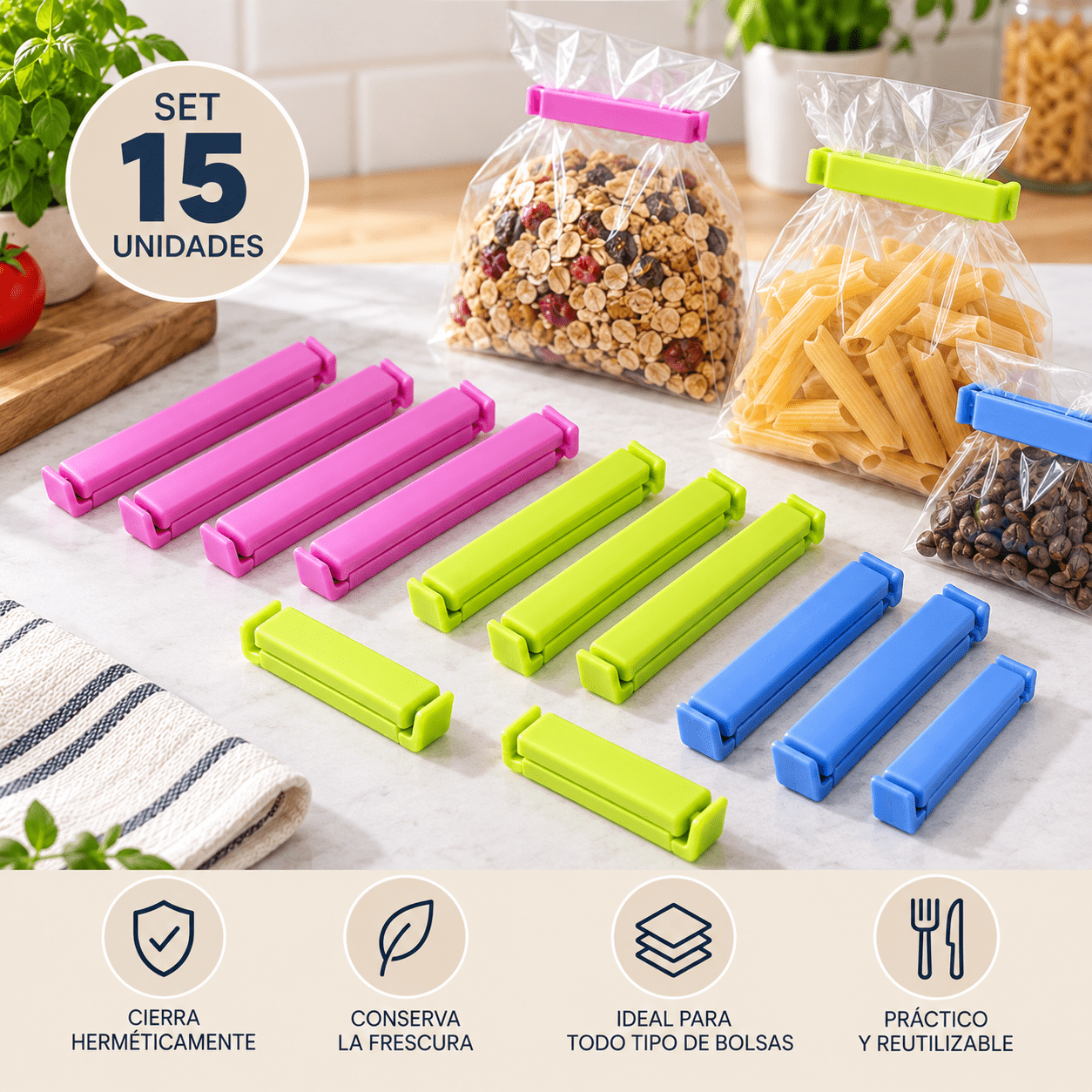 TEMU Set de 15 Pinzas Bolsas Reutilizables | Clips de Cierre Hermético para Conservar Alimentos y Mantener