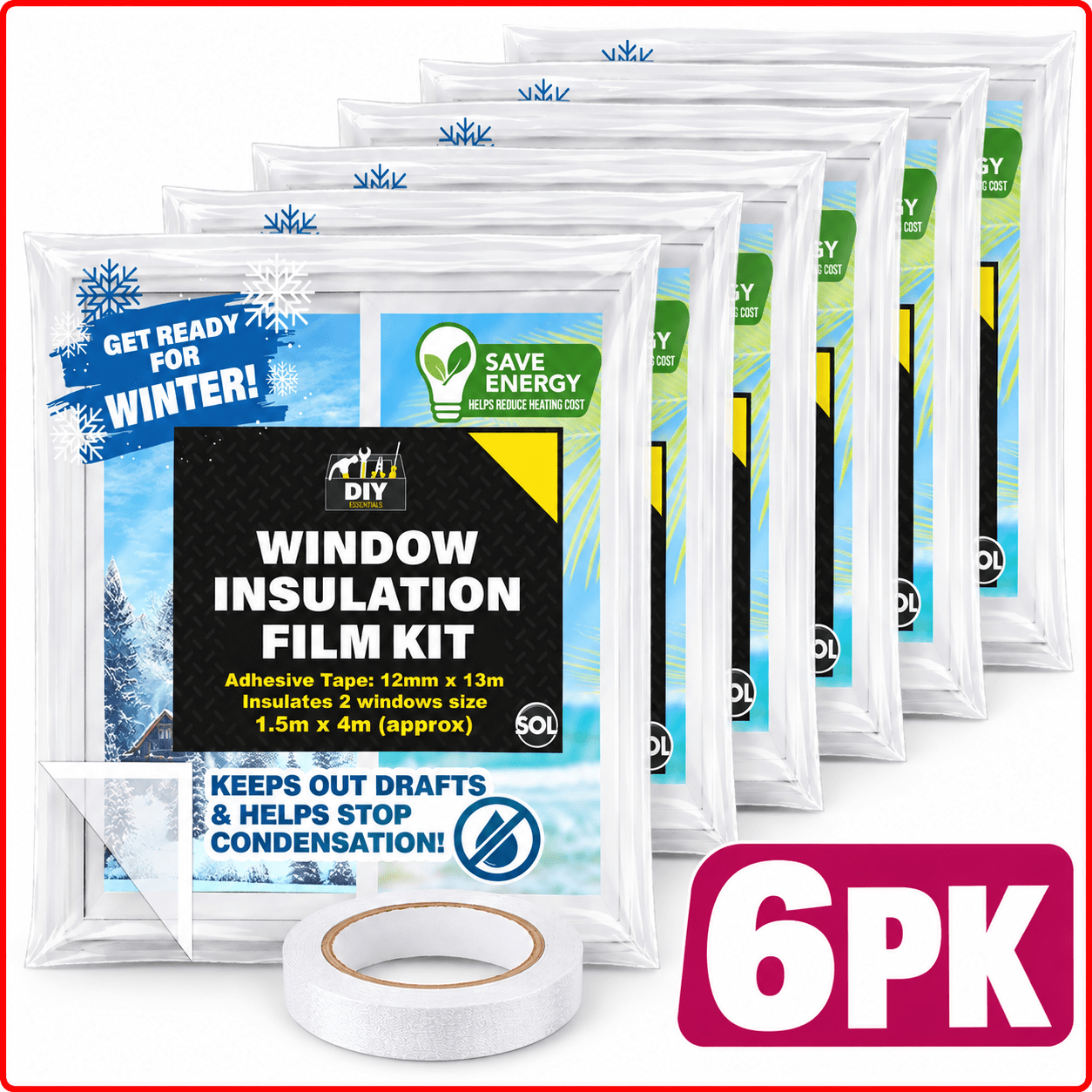 TEMU 6 Pack Window Insulation Film Kit 1.5m X 4m | Winter Window Insulation Film With Double Sided Adhesive Tape | Heat Shrink Window Film For & Heat