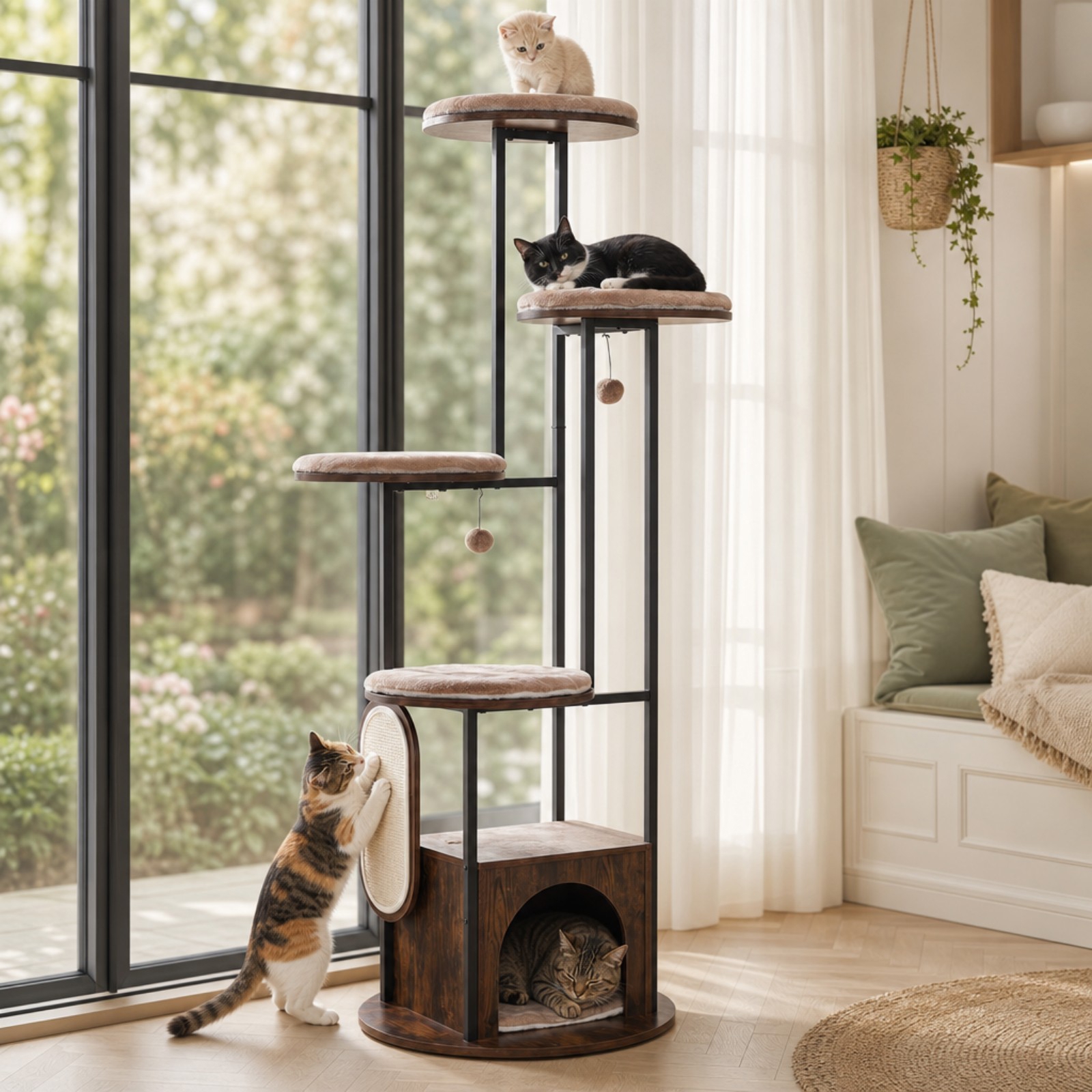 Image of Modern Cat Tree Tower, 183cm Tall Multi-level Cat Condo With Top Perch, Platforms, Condo, Sisal Scratching Pad, Removable Washable Mats, Sturdy Wooden Cat Furniture For Indoor Cats
