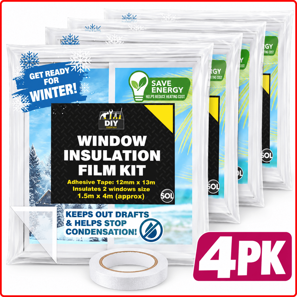 TEMU 4 Pack Window Insulation Film Kit 1.5m X 4m | Winter Window Insulation Film With Double Sided Adhesive Tape | Heat Shrink Window Film For & Heat