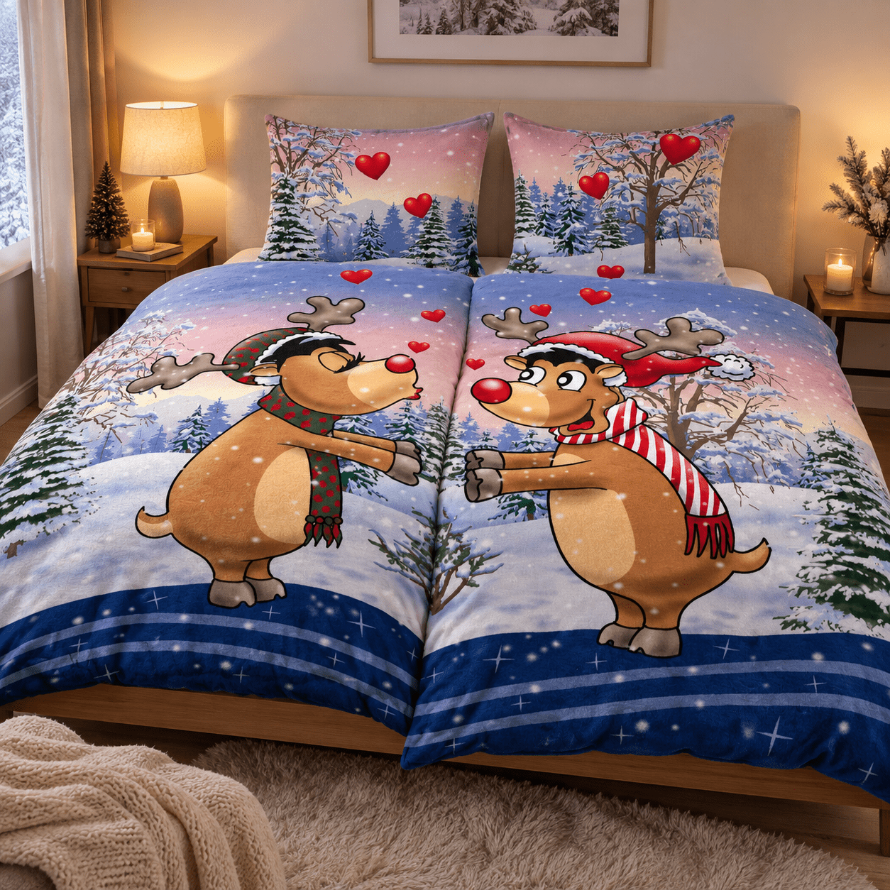 TEMU 4 teilig Bettwäsche Fleece 135x200 cm oder 155x220 cm Partnerbettwäsche Winter Liebe Weihnachten warm kuschelig weich blau Rentier