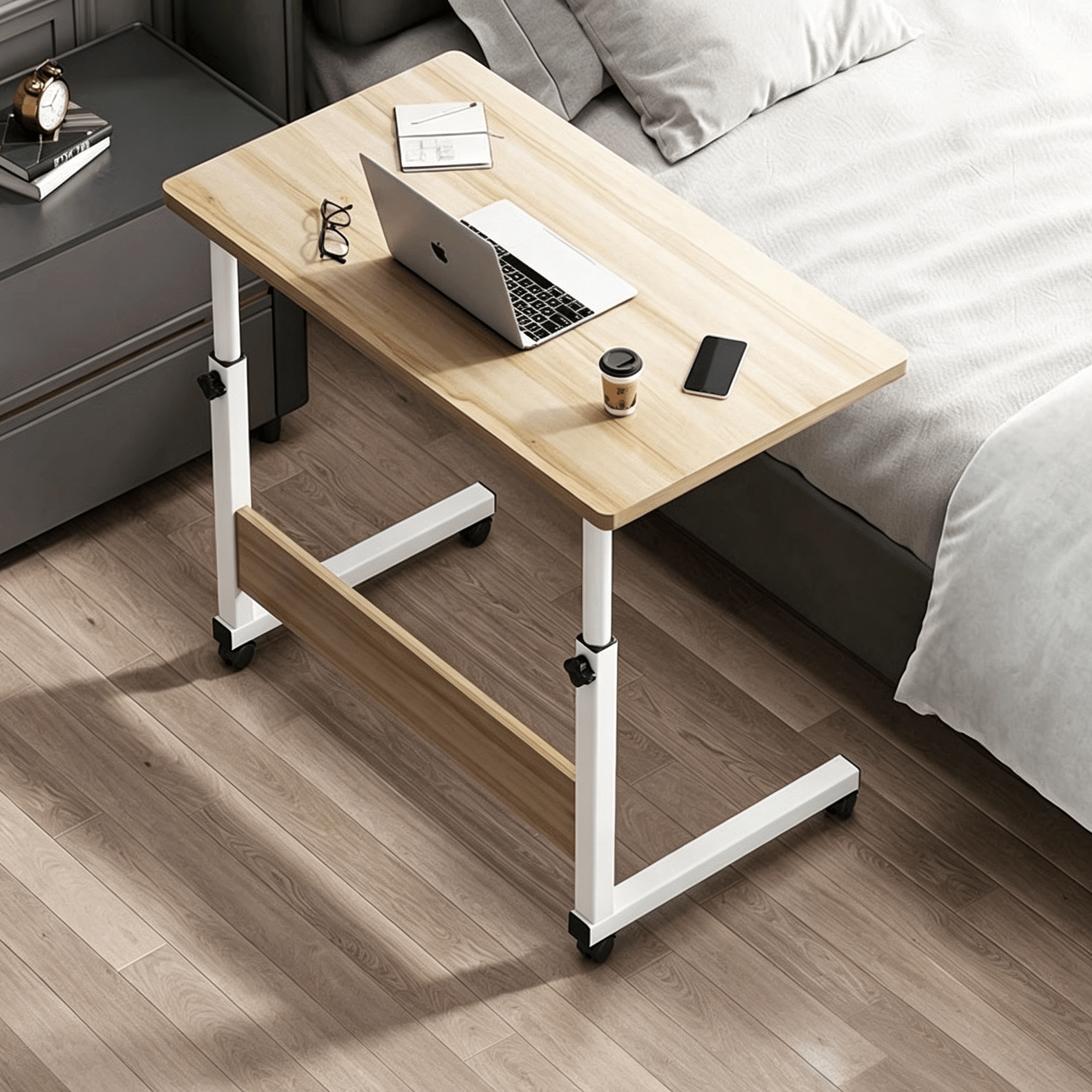 TEMU Mesa Auxiliar con Ruedas con Freno, Escritorio Móvil Multifunción Portátil Ajustable , para Cama, Sofá, Dormitorio y Oficina en Casa