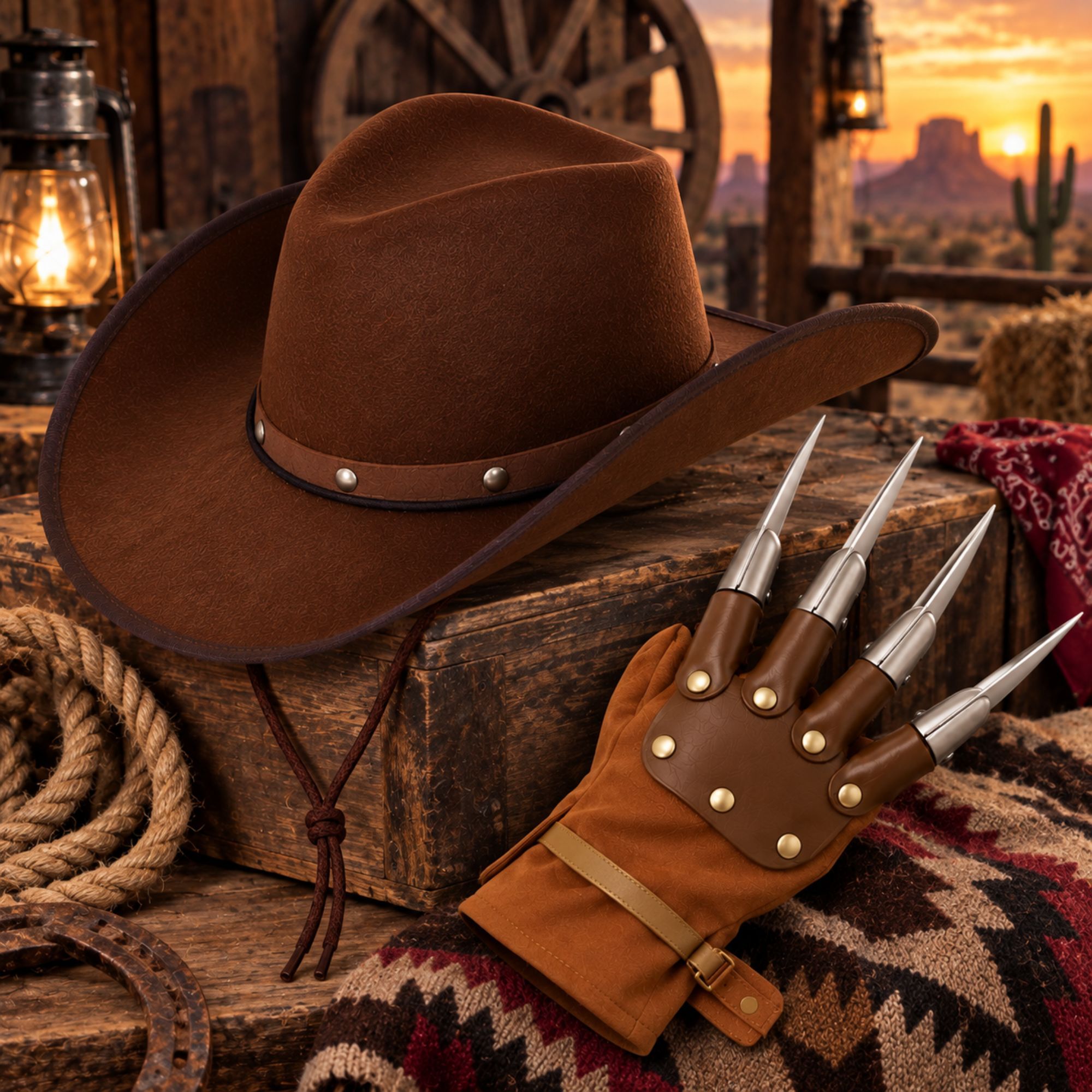2Pcs Unisex Adult Western Costume Set, Cowboy Hat & Claw Glove