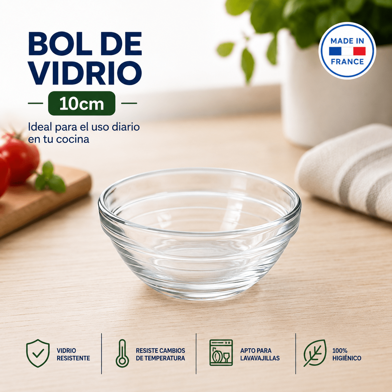 TEMU Bol de Vidrio 10 cm Resistente | Cuenco de Cristal para Cocina, Aperitivos, Postres y Ensaladas | para Lavavajillas | en Francia