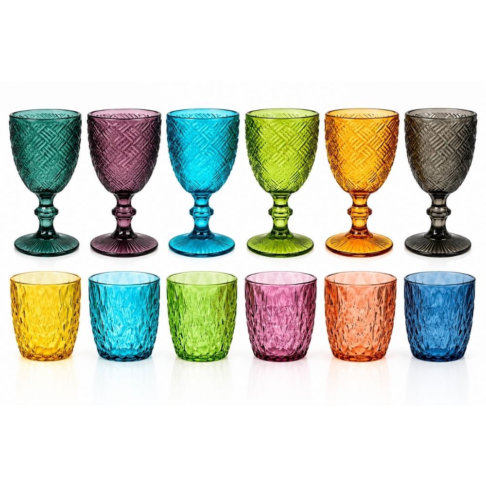 TEMU Juego de 12 piezas Cecaro Group: Vasos de diamante y copas de – 6 vasos de agua de 250 ml + 6 copas de 350 ml – de pluma