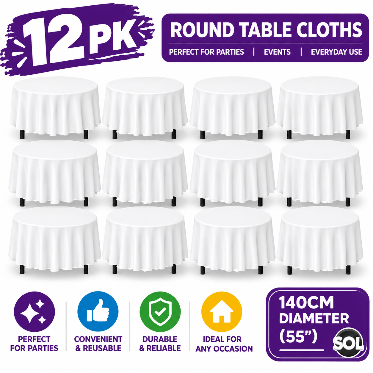TEMU 12 Pack Round Tablecloth | White Plastic Tablecloth 140cm 55 Inch Diameter | Round Table Covers For Weddings, Birthday Parties, Celebrations,