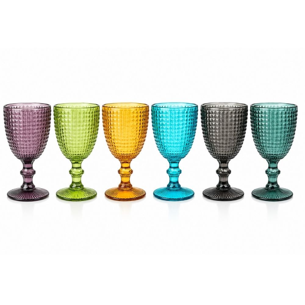 TEMU Cecaro Group Set Of 6 Stained Glass Wine Glasses, 350 Ml, Glass Paste With Embossed Texture, Assorted Colors