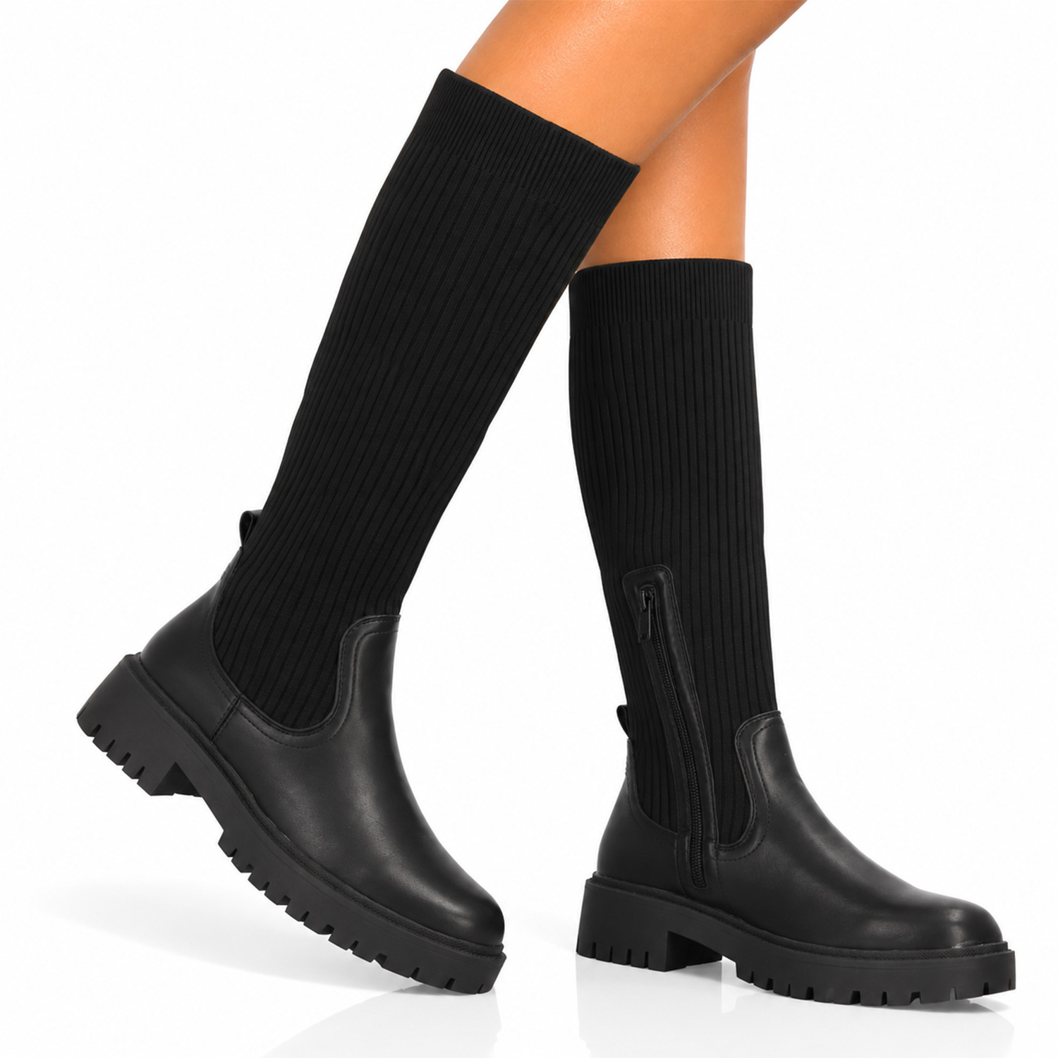 Image of Women's High Boots With Elastic Shaft, Smooth Bottom. Zipper Fit, Comfortable Platform. Autumn Winter Season