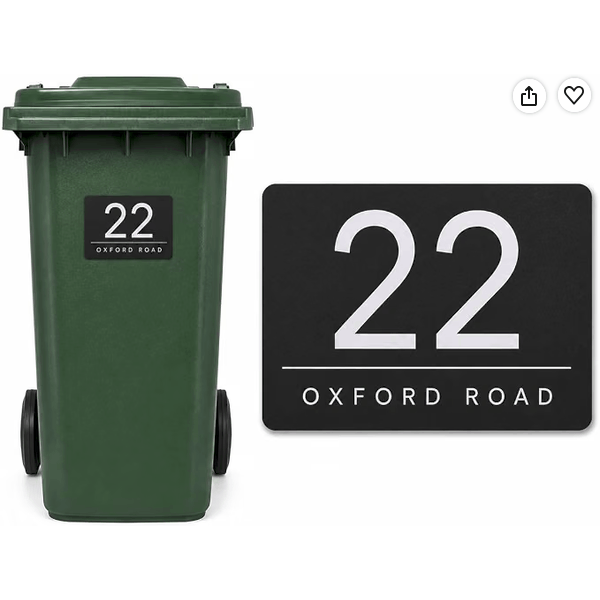 TEMU Wheelie Bin Stickers 4x - Custom Number - Personalised Street Name & Address - Waterproof Outdoor Vinyl Decals