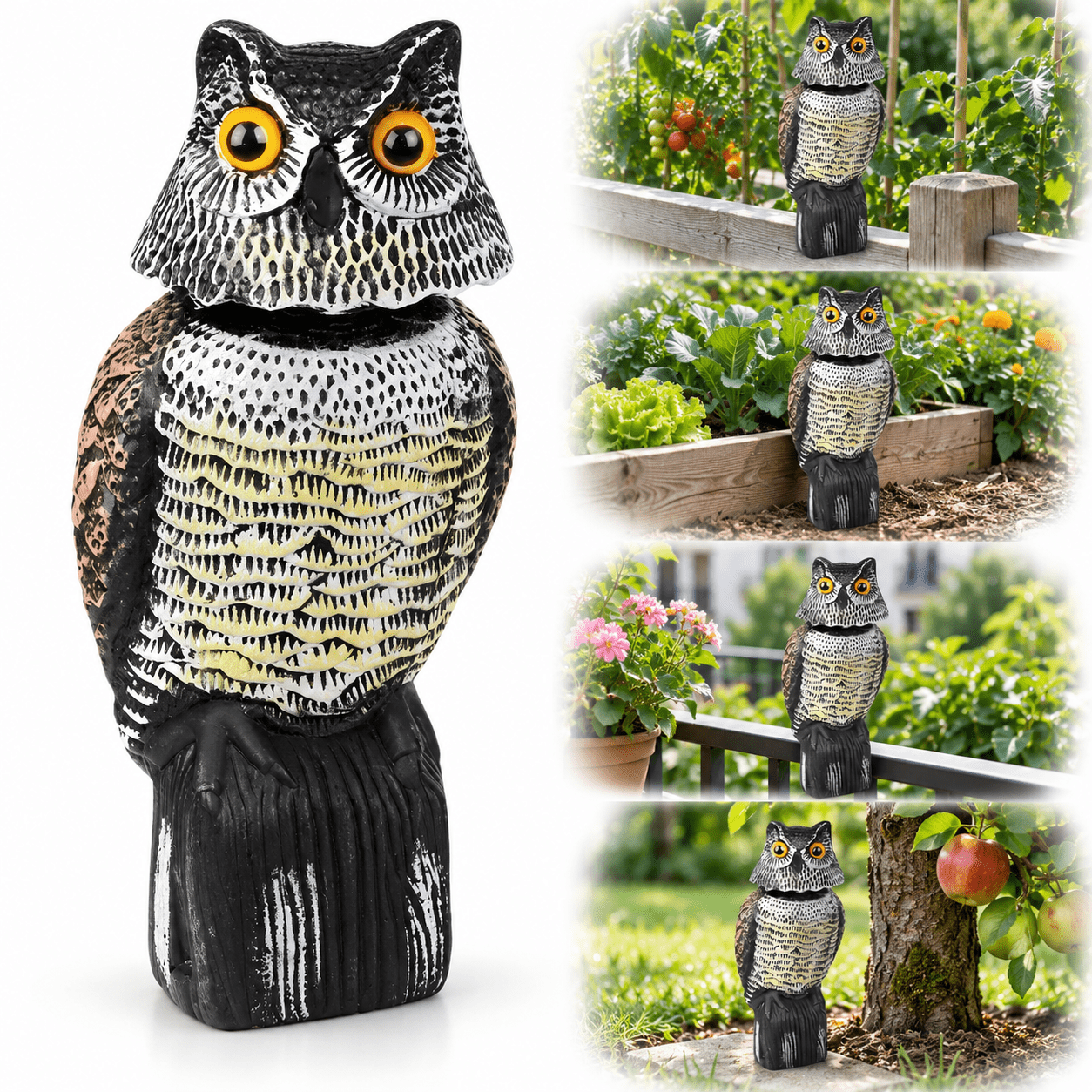 TEMU Realistic Owl Bird Decoy With 360° Rotating Head, Outdoor Bird Scarer & Pest Deterrent For Pigeons, And , Large Garden Ornament For Lawn, Patio,