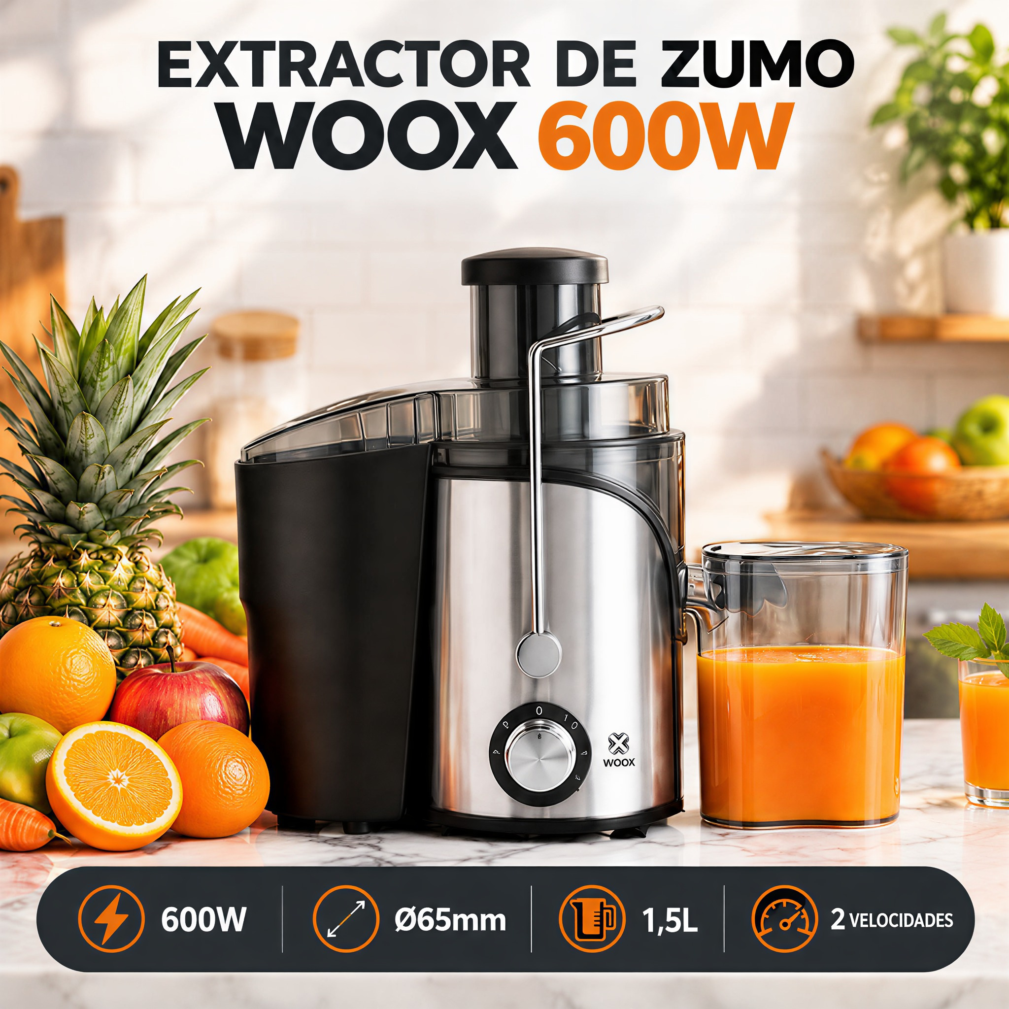 TEMU Extractor de zumo 600W con ancha 65mm, licuadora de acero inoxidable, 2 velocidades, antigoteo, fácil limpieza, para , zumo natural en casa