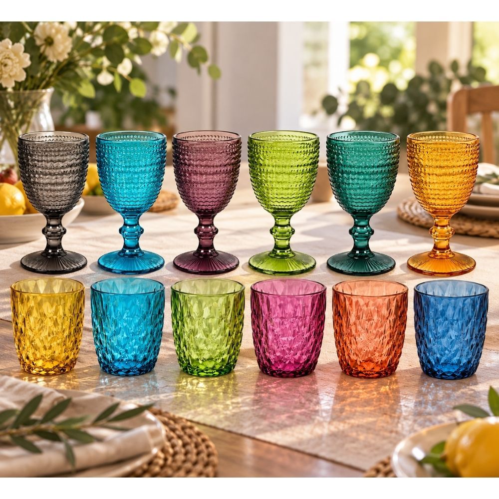 TEMU Cecaro Group Set Of 12pcs Diamond And Colored Glass Tumblers And Wine Glasses – 6 Water Glasses 250 Ml + 6 Wine Glasses 350 Ml – Pearl Pattern