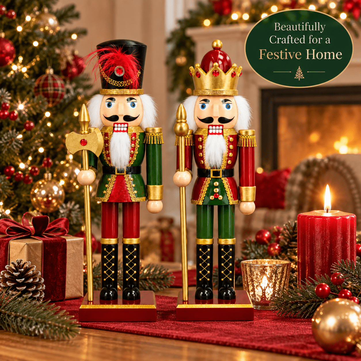 TEMU Christmas Nutcracker Soldier Figurine Set 30cm Traditional Wooden-style Red Green Xmas Ornament Tabletop Mantelpiece Festive Home Decoration