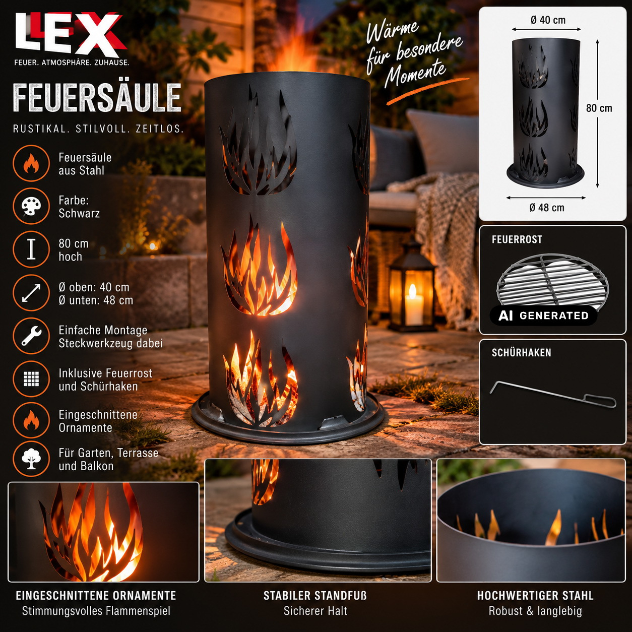 Image of Fire Column Ø 40 X Cm Fireplace With Fire Grate And Poker Patio Oven Patio Chimney Garden Oven Garden Chimney Campfire Outdoor Chimney Patio Fire Fire Oven For Garden And Patio