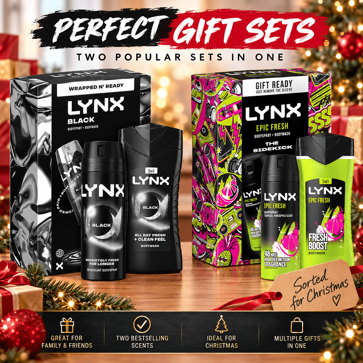 TEMU Lynx Men's Gift Set Duo – Black & Fresh – 2 Spray & Body Wash Gift Sets – Christmas Gifts For Him