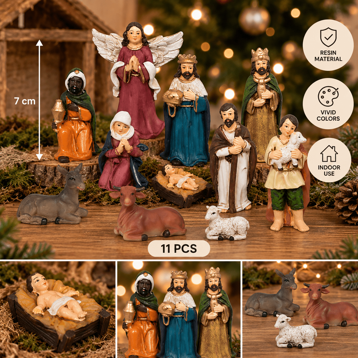 TEMU Lot de 11 santons de Noël en résine – Figurines pour crèche avec , , ange et animaux – Jusqu’à 7 cm – Décoration de Noël multicolore