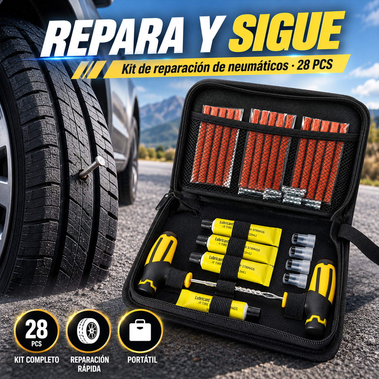 TEMU Kit de Reparación de Neumáticos 28 Piezas para Neumáticos sin Cámara, Kit Antipinchazos con Herramientas de Mango en T, , Lubricante y Estuche