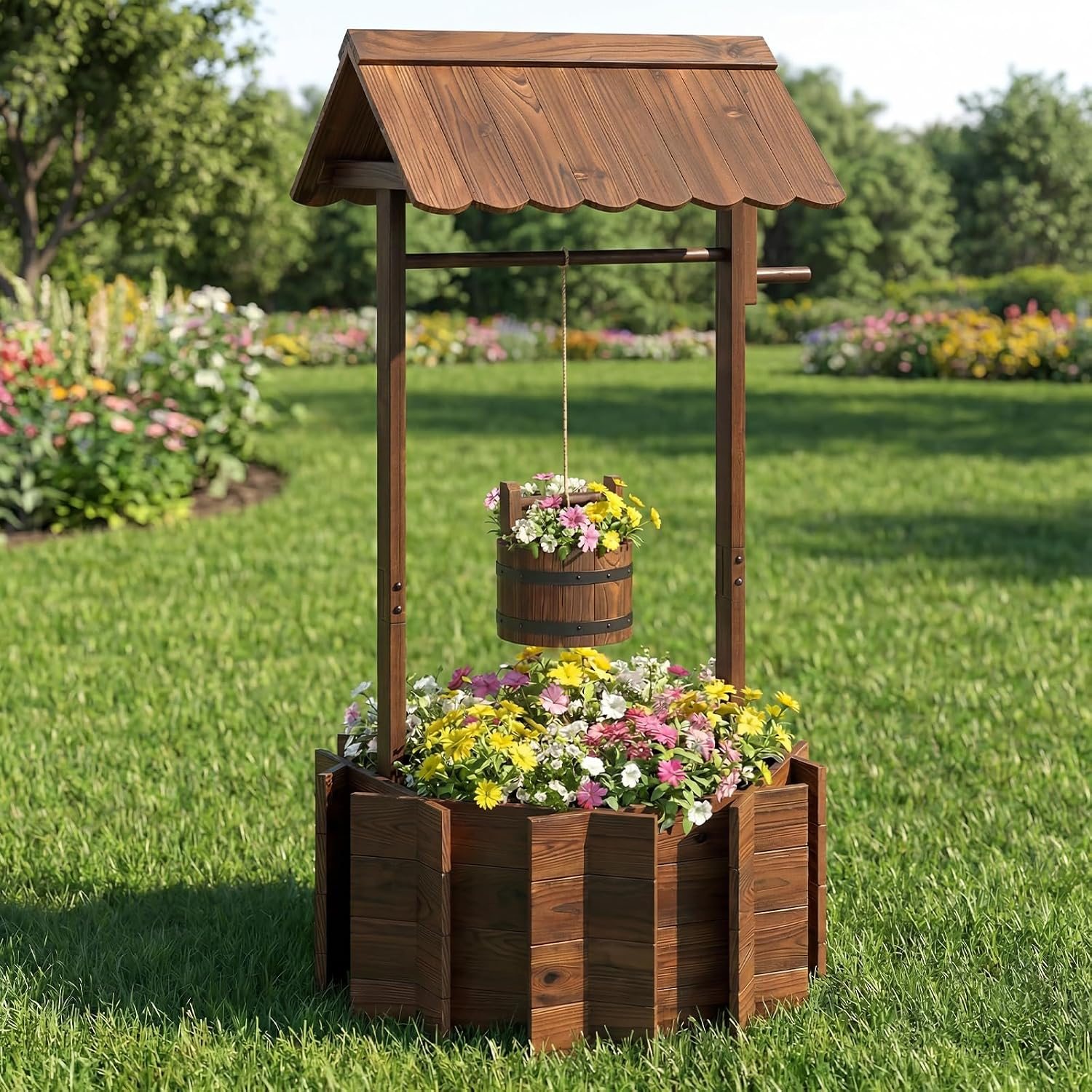 Image of Garden Wooden Wishing Well Bucket, Outdoor Rustic Well With Hanging Bucket Planter For Patio Garden, Indoor And Outdoor Vintage Decoration
