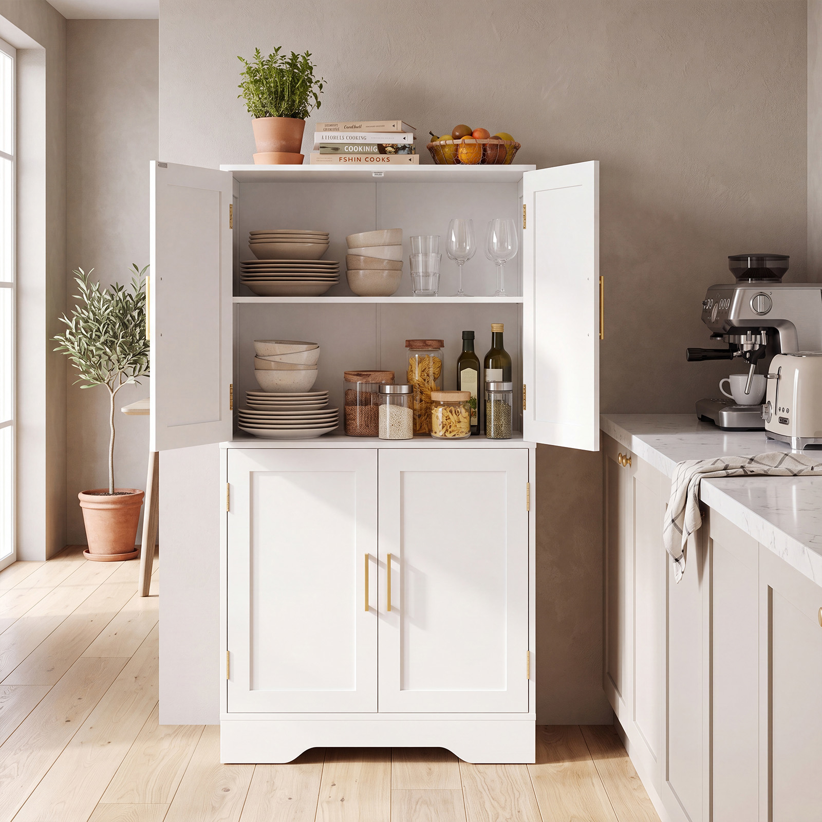 Image of 4-door Buffet Cabinet, Wooden Kitchen Storage Cabinet With Adjustable Shelves And Anti-tip Hardware, Pantry Cabinet