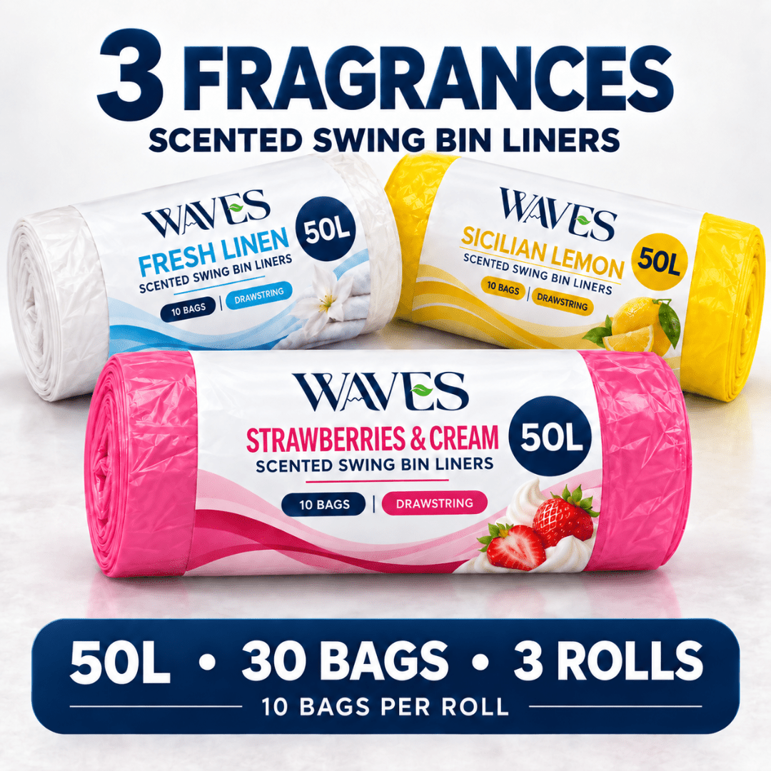 TEMU 50l Scented Swing Bin Liners 30 Pack – 3 Fragrance Combo, Drawstring Rubbish Bags, 3 Rolls Of 10, Fresh Linen, Lemon & Strawberries And Cream,