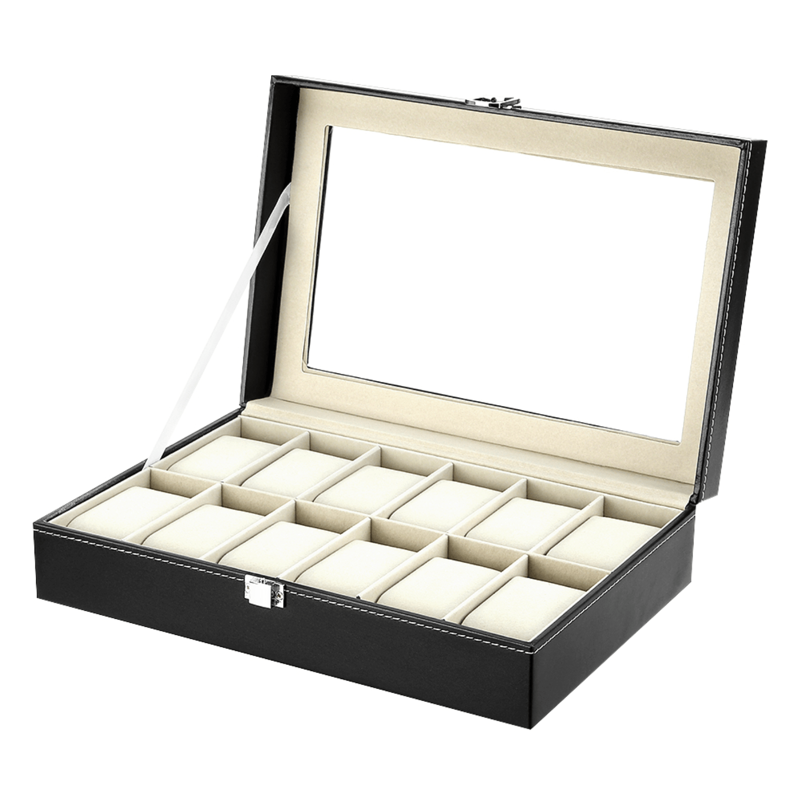 Image of Watch Box With 12 Compartments, Watch Case With Soft Watch Cushions And Large Windows, Pu, Watch Storage Box Watch Case As A Gift Idea For Men And Women