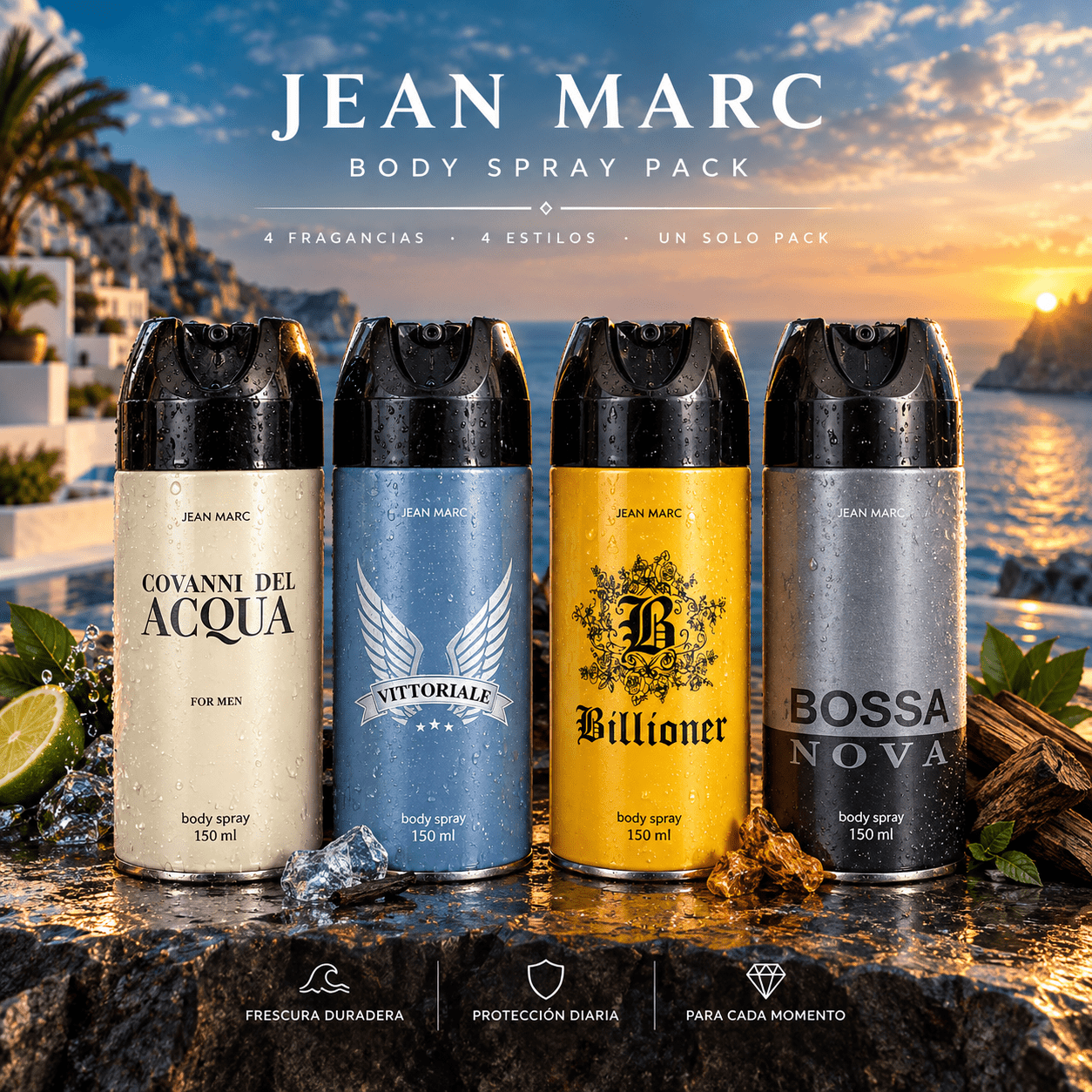 TEMU PACK DE 4 DESODORANTE HOMBRE (600ML)---- CONTIENE 150ML, 150ML, NOVA 150ML Y ACQUA 150ML.. DESODORANTE HOMBRE---MARCA JEAN