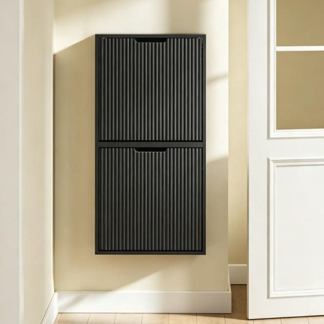 Image of Shoe Cabinet Wall-mounted Narrow Hanging Shoe Rack With 2 Doors And Shelves For 4 Pairs Of Shoes, Space-saving Horizontal Or For Hallway, , Small Spaces, Design, 50x19x100cm, Sobuy Fsr204-sch