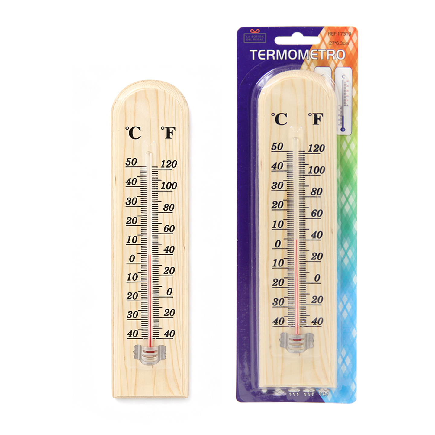 TEMU Termómetro de pared con base de madera, 27×6,5 cm. doble en grados y . Ideal para interior y exterior, medición sencilla de la temperatura