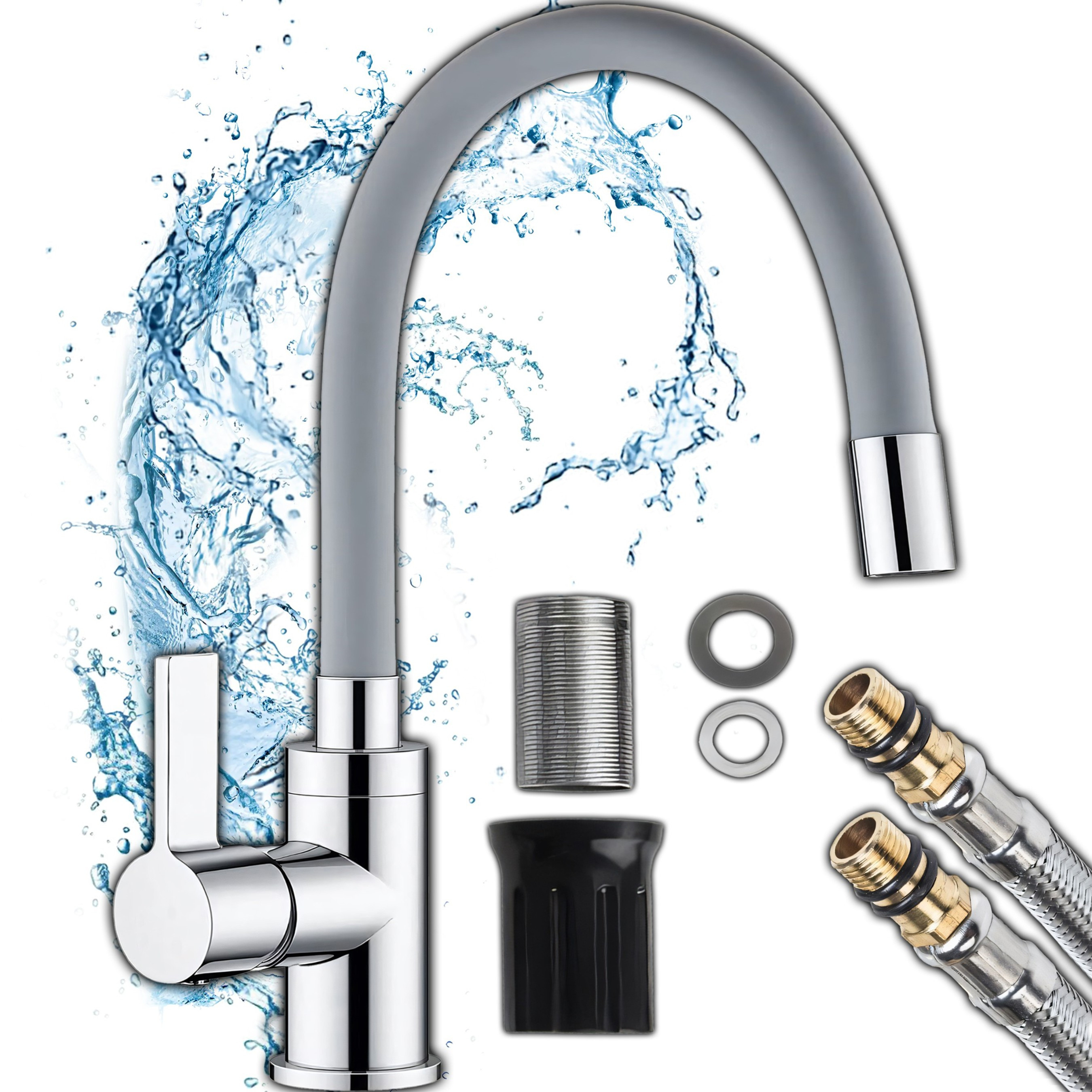 TEMU Kitchen Faucet For Sink With Flexible And Rotating 360° Silicone Tube, Height And Position Adjustable, Single-handle Mixer, Silver-grey Color,
