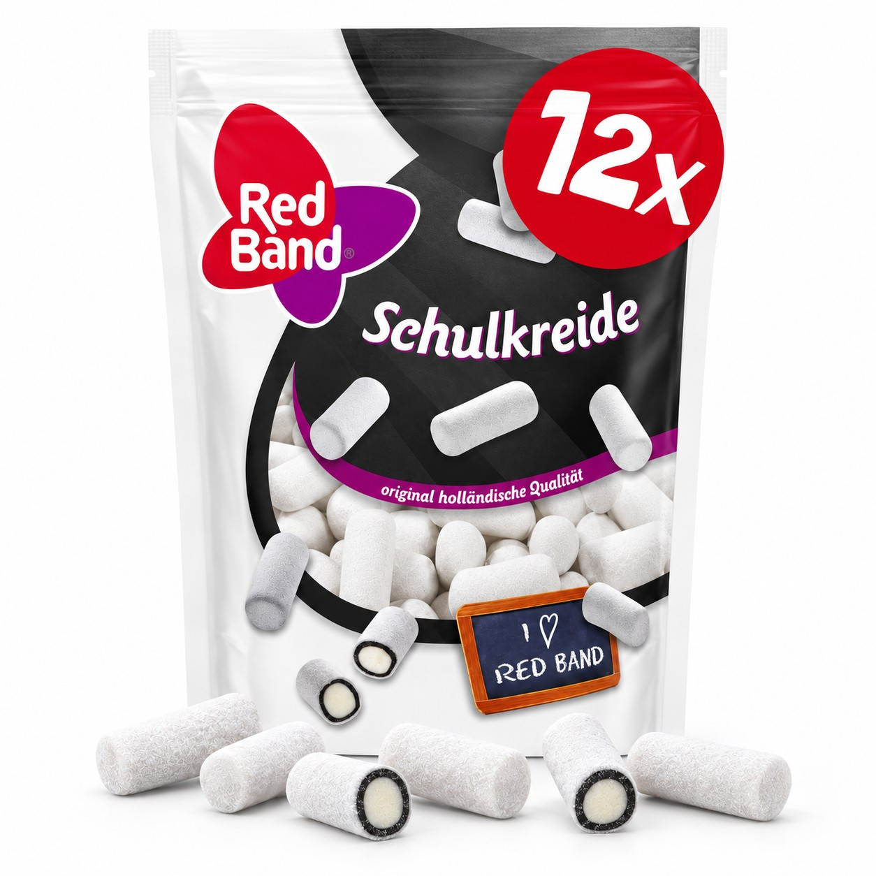 Image of Red Band School Chalk 12 X 175 G – Licorice With Crunchy Dragee Coating – Dutch Quality – Bulk Pack