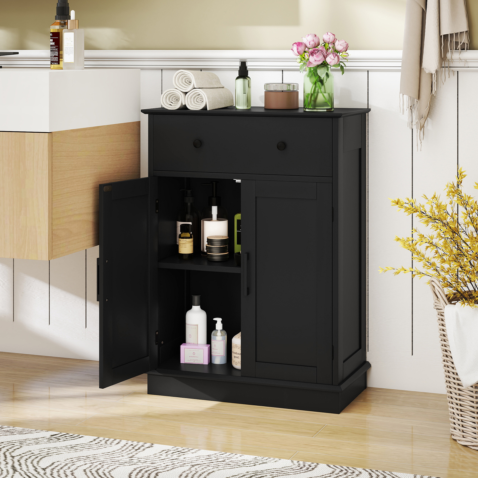 Image of Bathroom Floor , Modern Buffet Sideboard With Drawer And Adjustable Shelf, Coffee Bar Cabinet For Kitchen, Living Room, Dining Room, Black