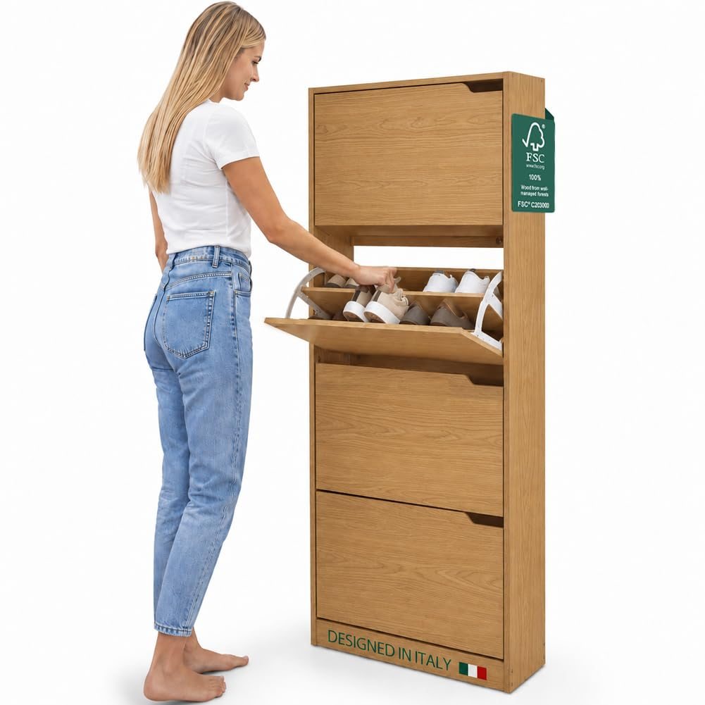 TEMU Estante de zapatos BAKAJI de madera con 4 puertas, plegables, doble profundidad, compactas y delgadas 63 x 24 x 150 cm, entrada de de espacio