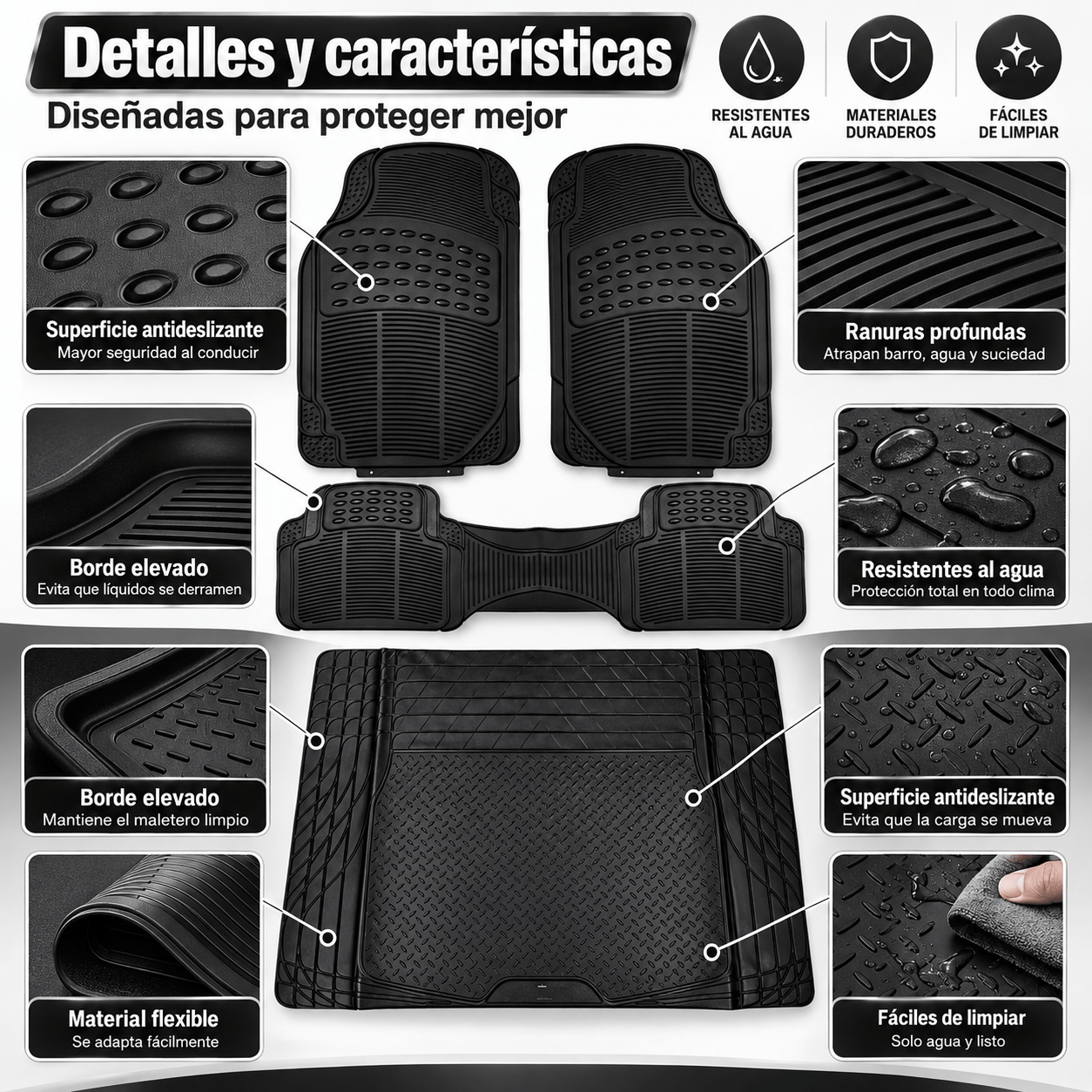 TEMU Juego de alfombras universales para coche, impermeables y antideslizantes, para todo , con bordes elevados y ranuras profundas, protección