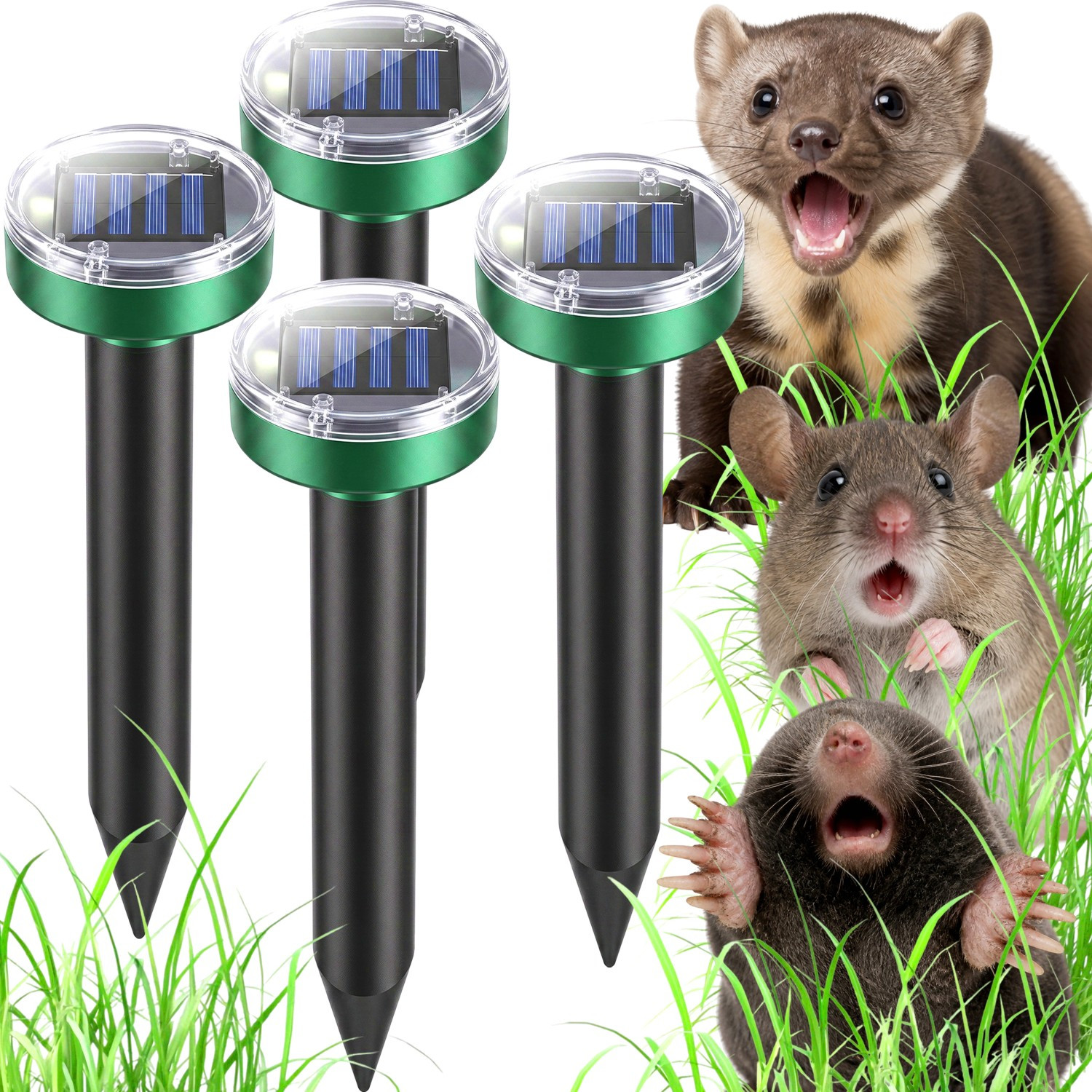 TEMU SET 4 REPELLENTI SOLARI PER TALPE E ARVICOLE DA GIARDINO CON PANNELLO SOLARE BATTERIA RICARICABILE 1200 MAH NIMH SEGNALI SONORI A FREQUENZA