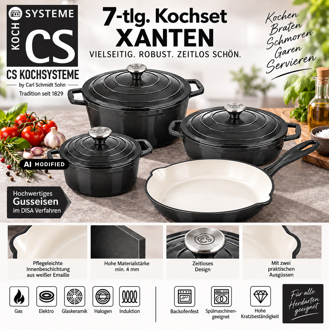 Image of Carl Schmidt Sohn 7-piece Set, Series: Induction-compatible Enameled Cookware Set, Includes Frying Pan, Roaster, Meat Pot, Roasting Pot, Induction Frying Pan, Induction Cooking Pot